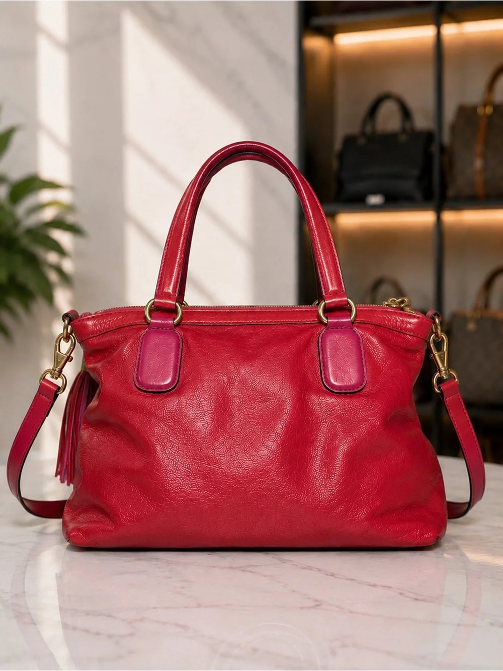 Gucci Soho Medium Leather Top Handle Satchel Red/Magenta Crossbody Authentic GG